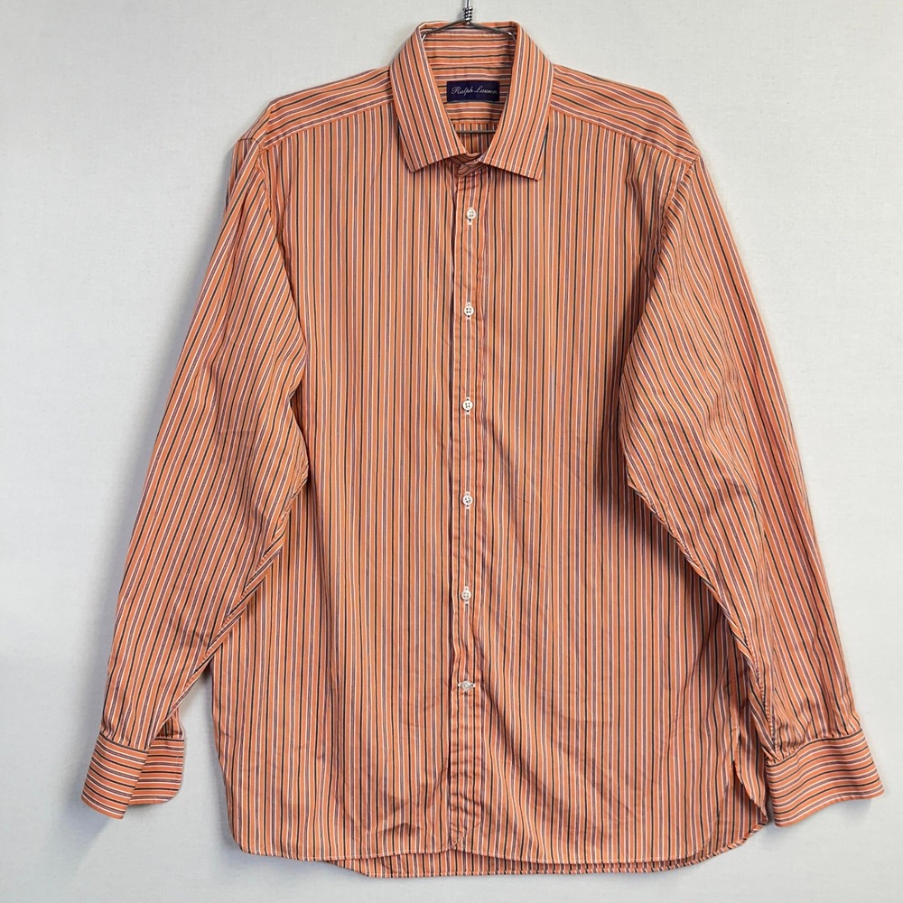 Ralph Lauren Purple Label Shirt Orange‎ Striped Men's Size 16.5 Made In Italy